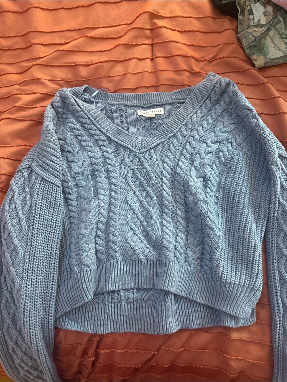 Aeropostale Pastel Blue Cable Knit V-Neck Sweater